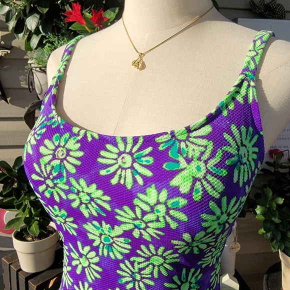 RAISINS ♡ Beautiful Vintage 1pc Purple 'n Green Floral Padded Bra Swimsuit M - Picture 9 of 17